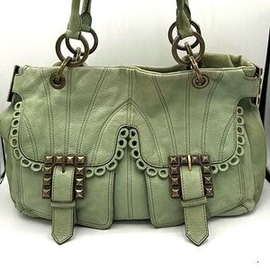 Vintage Betsy Johnson Genuine Leather Sage Green bag w/ pink floral lining Y2K